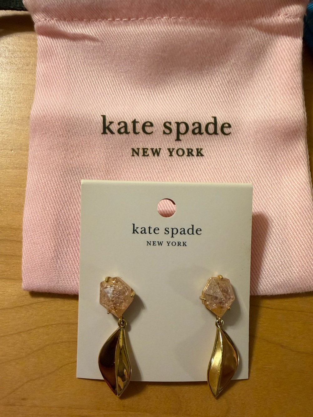NWT Kate Spade Gold Leaf Drop Earrings with Pink Stone Accents New w/ Dust Bag